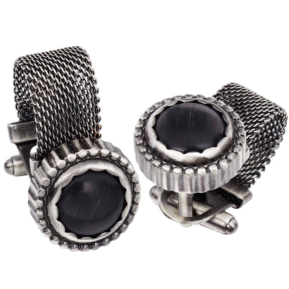 Mens Cufflinks with Chain - Stone and Anti-silver Tone 