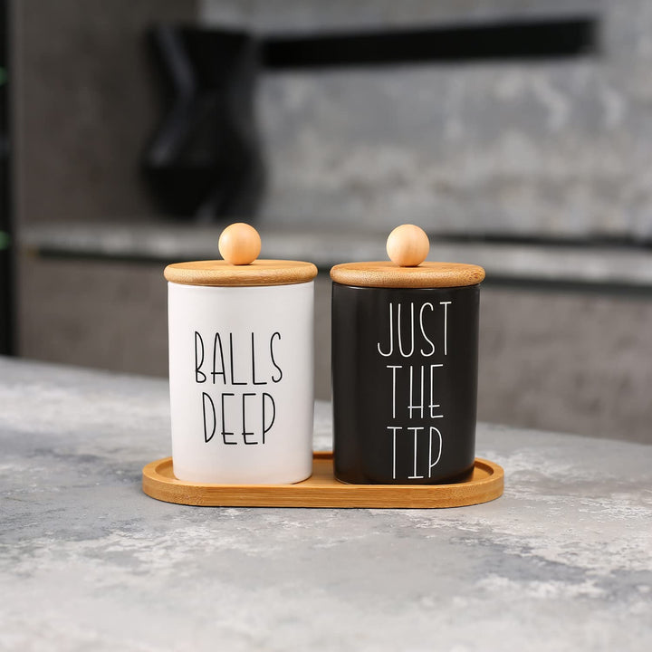 Funny Qtip Holder and Cotton Ball Holder Set for Bathroom Organization. Apothecary Jars with Bamboo Tray are Great for Black and White Bathroom Decor, Rustic Bathroom Decor. (Ceramic&amp;Tray)