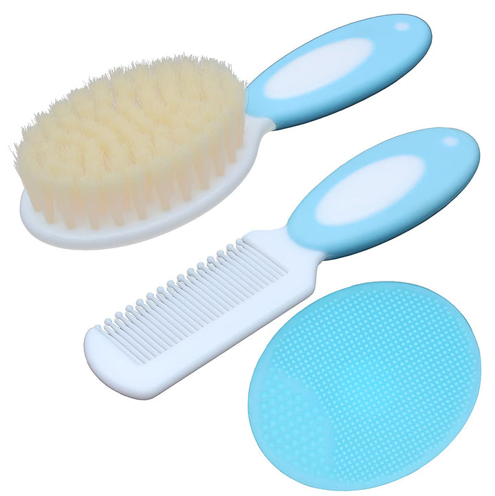Baby Hair Brush &amp;Silicone Baby Cradle Cap Brush Set, for Newborns &amp; Toddlers-Natural Soft Goat Bristles-Ideal for Cradle Cap-Perfect Baby Registry Gift (Blue)