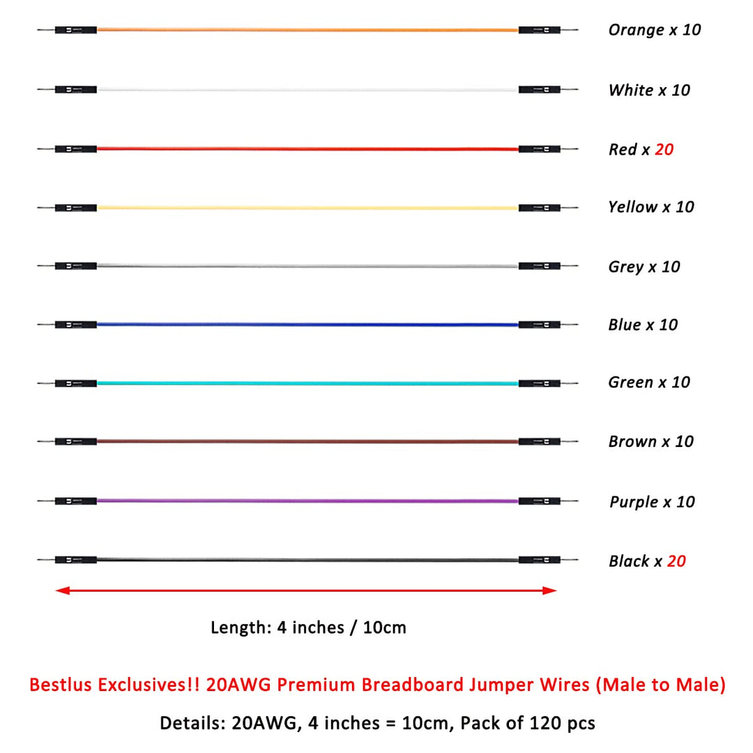 Breadboard Jumper Wires 20AWG, Exclusives 10CM Male to Male Jumper Cable Wires M/M 4&#39;&#39; 10 Colors Pack of 120 Square Head 0.1&#39;&#39; (4&#39;&#39;, M/M)