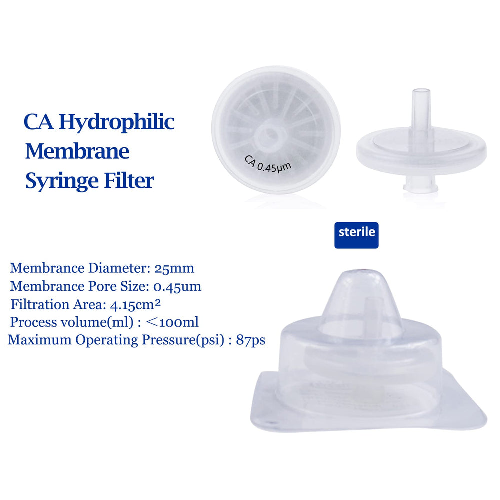 20 Pack Syringe Filter Sterile CA Filtration 0.45 um Pore Size, 25 mm Membrane Diameter for Scientific Lab Packed Individually