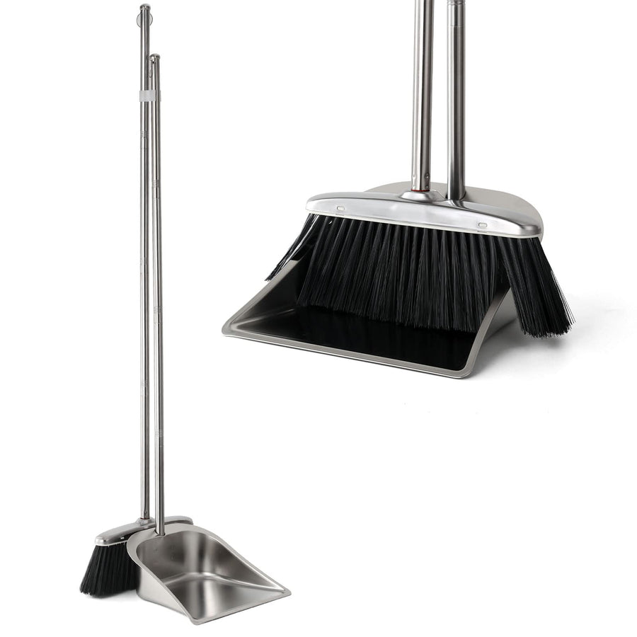 Broom and Dustpan Set for Home, Stainless Steel Broom and Dustpan Set with Long Handle, Heavy Duty Dustpan Broom Set Standing Dust Pan Kitchen and Home Indoor Outdoor Broom