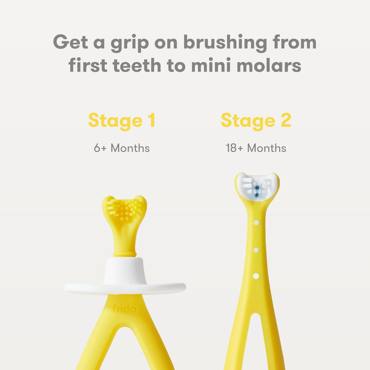 Frida Baby Grow-with-Me Baby Toothbrush Training Set | Infant to Toddler Toothbrush 0-12 months, Cleans All Sides at Once, Oral Care for Sensitive Gums | Yellow