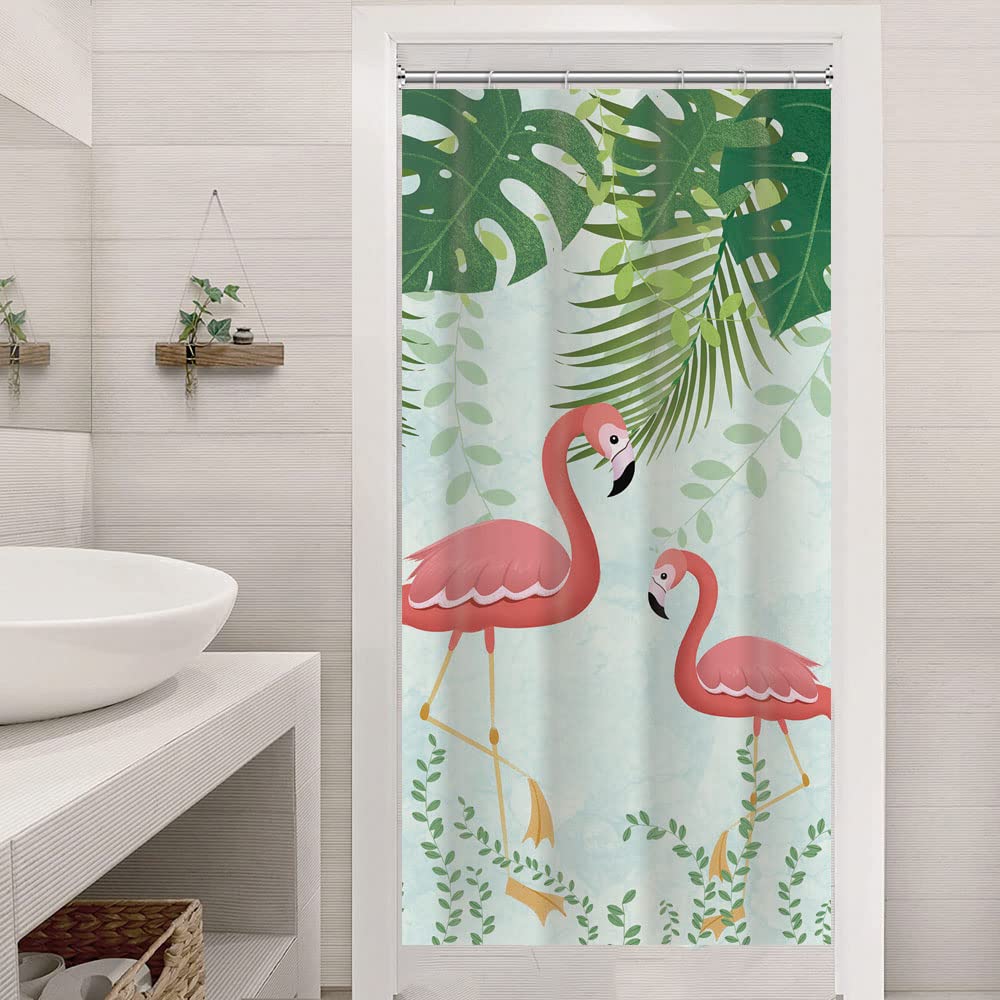 Small Stall Pink Flamingo Green Monstera Shower Curtain 36Wx72H Inch Tropical Birds Green Palm Banana Leaf Print Shower Curtains Set Waterproof Polyester Fabric