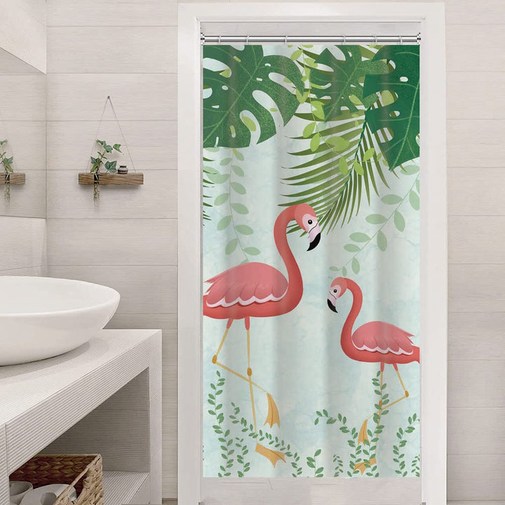 Small Stall Pink Flamingo Green Monstera Shower Curtain 36Wx72H Inch Tropical Birds Green Palm Banana Leaf Print Shower Curtains Set Waterproof Polyester Fabric