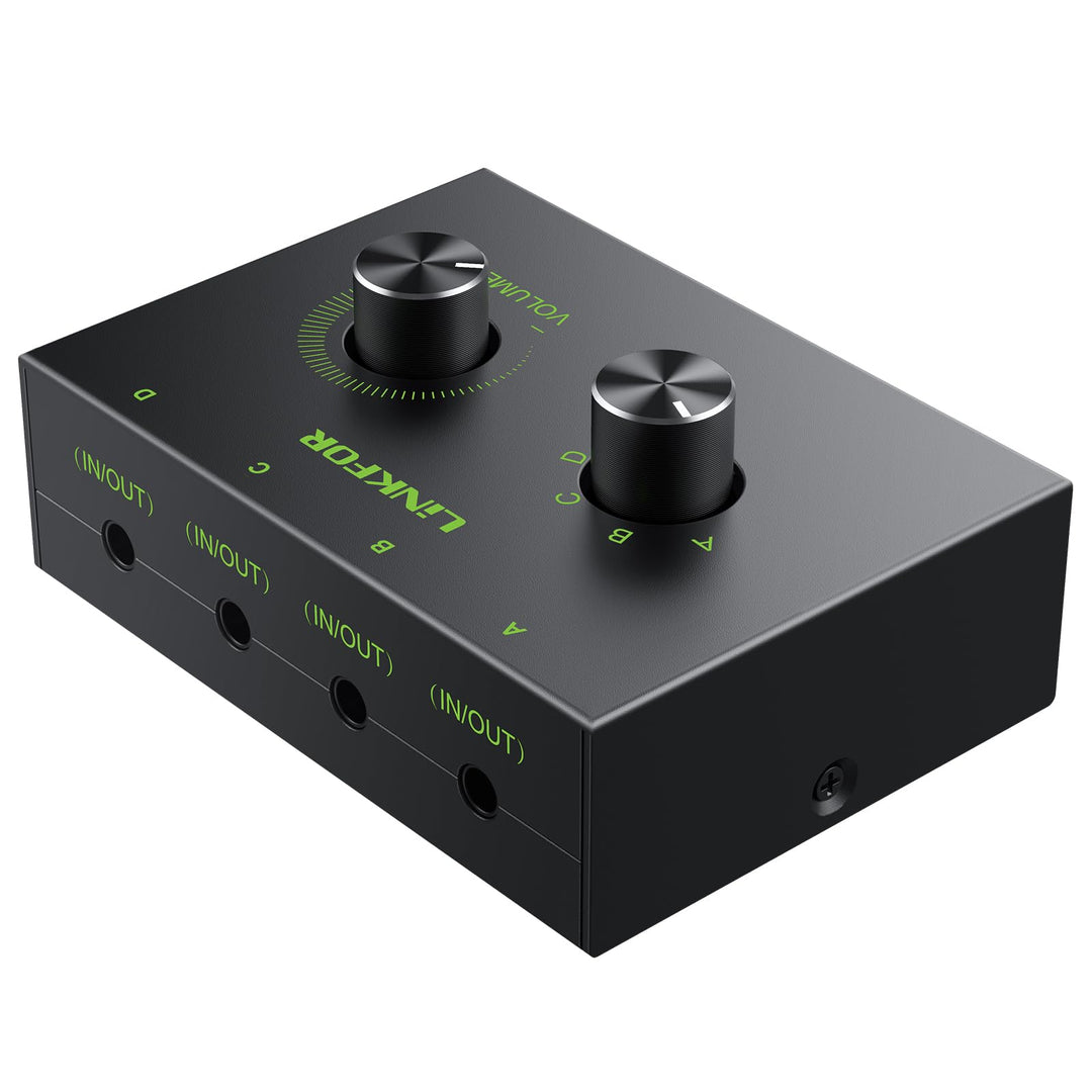 4 Port 3.5mm Stereo Audio Switch, 4 Way Stereo Audio Selector, 4 Input 1 Output / 1 Input 4 Output Audio Splitter with Volume Control and 4 Channel Switch Knob