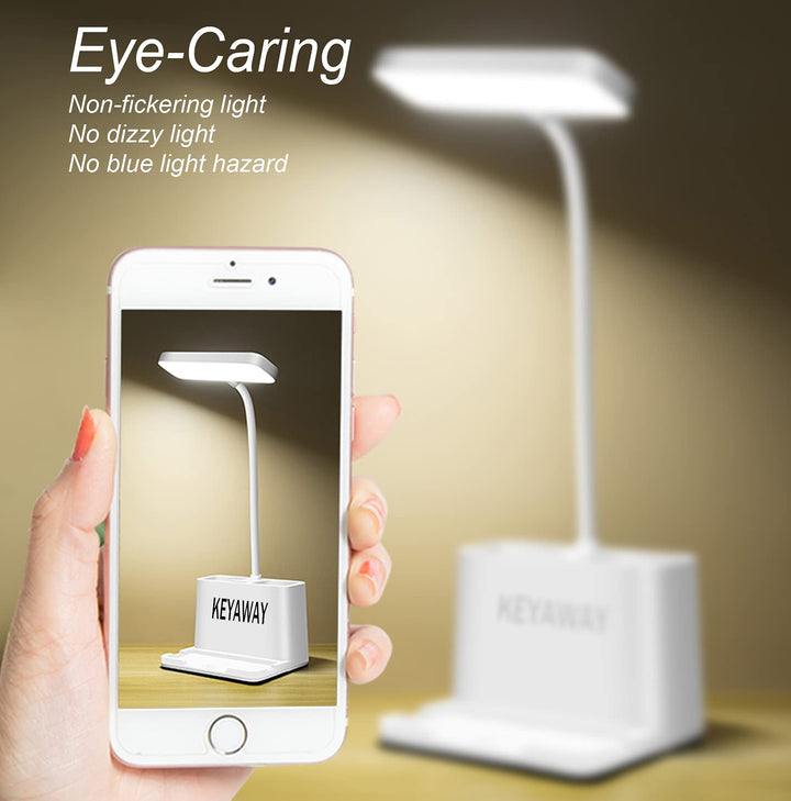 LED Desk Lamp with Pen &amp; Phone holder, USB Rechargeable Book Reading Light,Eye-Caring Study Lamp for Kids, Touch Table Lamp with Flexible Gooseneck for Home,Office,3 Color Modes &amp; Stepless Dimming
