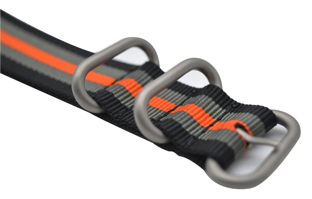 Watch Band with Colorful Nylon Material Strap and Heavy Duty Brushed Buckle (Black/Grey/Orange, 22mm)
