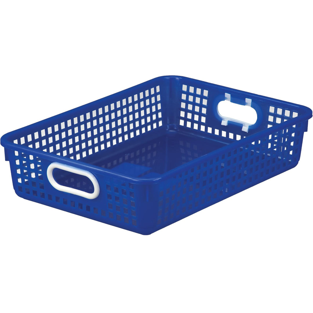 Plastic Desktop Paper Storage Baskets for Classroom or Home Use – 14”x10” Plastic Mesh Baskets Keep Papers Crease-Free and Secure – Pebble Colored Basket With White Handles (1)