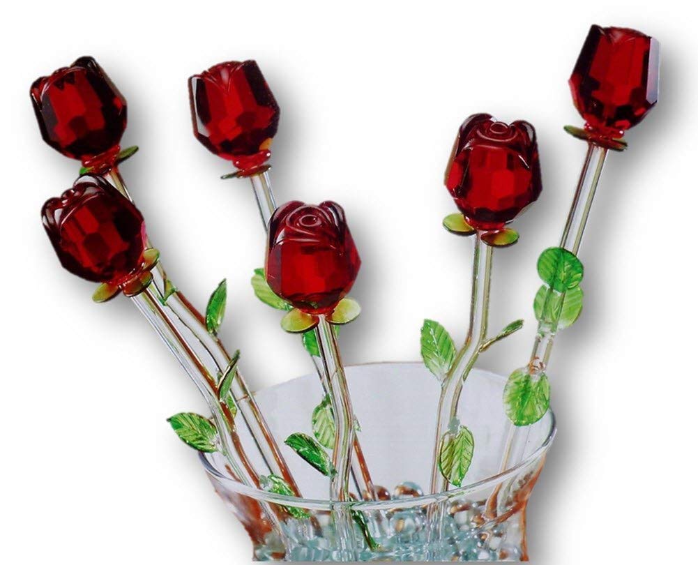 Navillus Set of 6 Spring Bouquet Glass Rose Flowers, Valentines, Mothers Day, Anniversary, Friendship, 8 Long (Red)