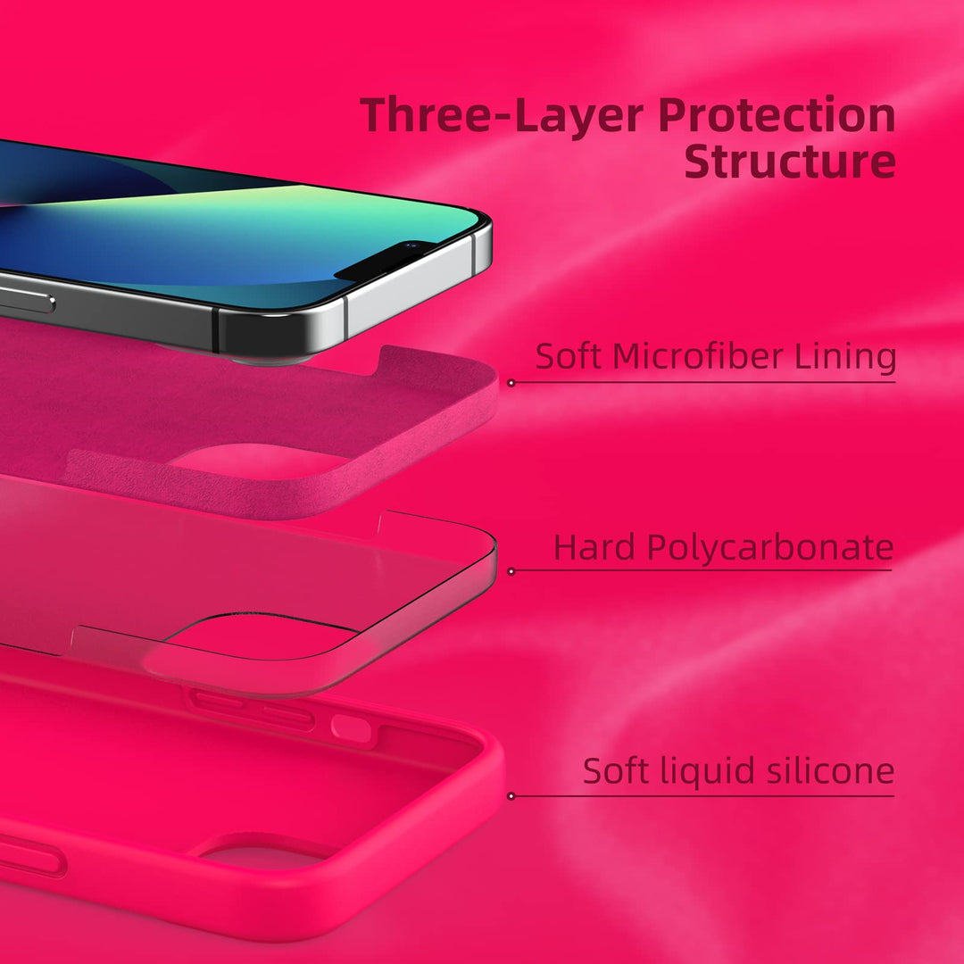 Compatible with iPhone 13 Case, [Drop Protection] [Anti-Scratch] Shockproof Liquid Silicone Anti-Fingerprint Cover with Microfiber Lining Phone Case for iPhone 13 6.1 (2021), Hot Pink