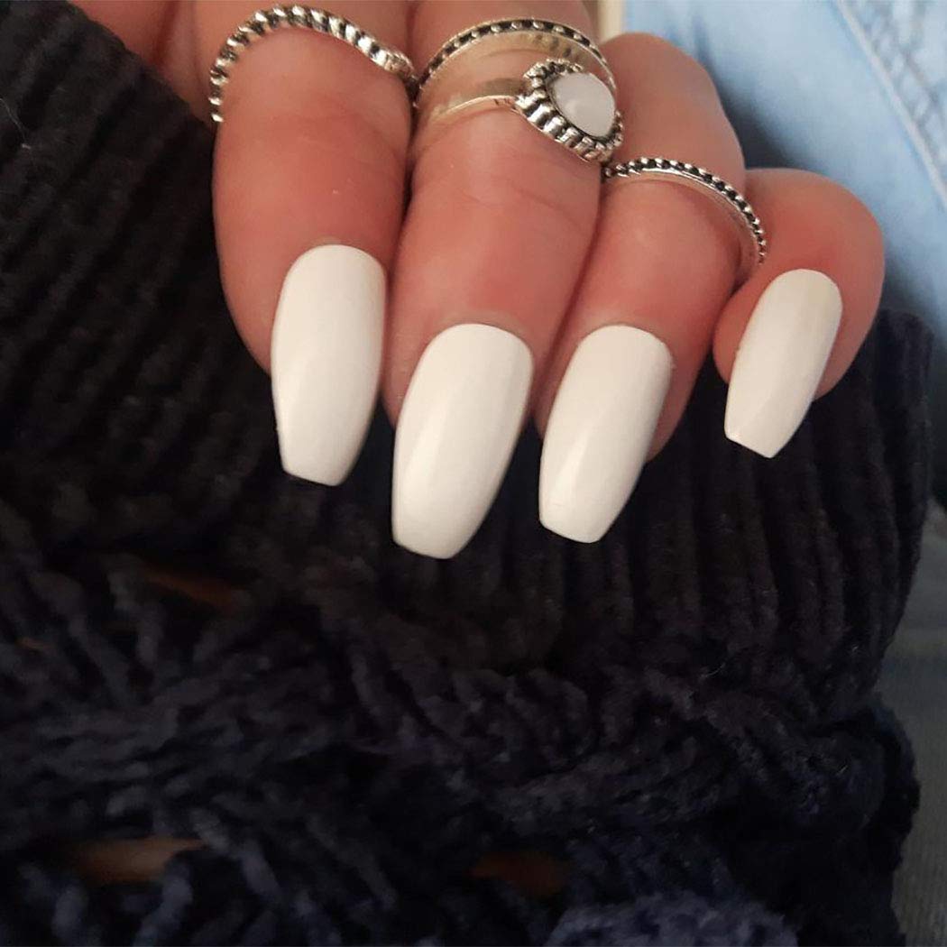 Awanka Coffin White Press on Nails Medium Length Fake Nails Ballerina Glossy False Nail Art Tips Artificial Stick on Nails Full Cover Instant Nails Acrylic Nails Manicure for Women and Girlsï¼Ë†24P