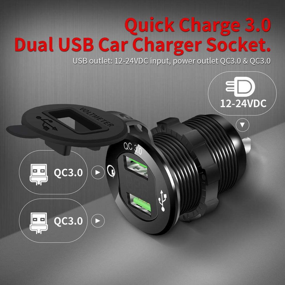 DaierTek 12V Dual USB Charger Socket for Automotive Car Marine RV RZR Boat ATV Bus Truck, Quick Charge 3.0 Waterproof with Blue LED Voltmeter and Wire Fuse DIY Kit - 2pcs