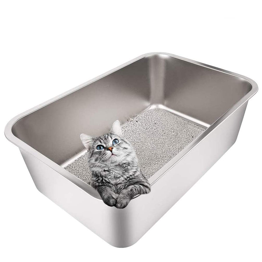 Stainless Steel Litter Box for Cat and Rabbit, Large Size with 8in High Sides and Non Slip Rubber Feet. Odor Control, Non Stick Smooth Surface, Easy to Clean, Never Bend
