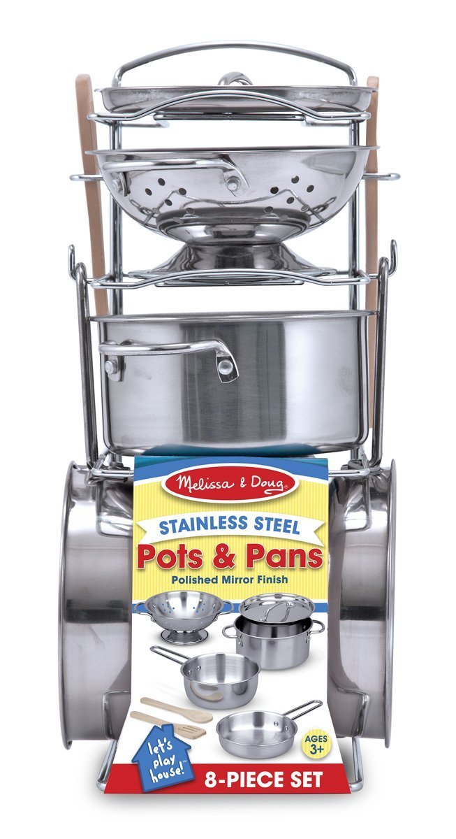 Stainless Steel Pots and Pans Pretend Play Kitchen Set for Kids (8 pcs) - Kids Kitchen Accessories Set, Toy Pots And Pans For Kids Kitchen, Cooking Toys For Kids Ages 3+