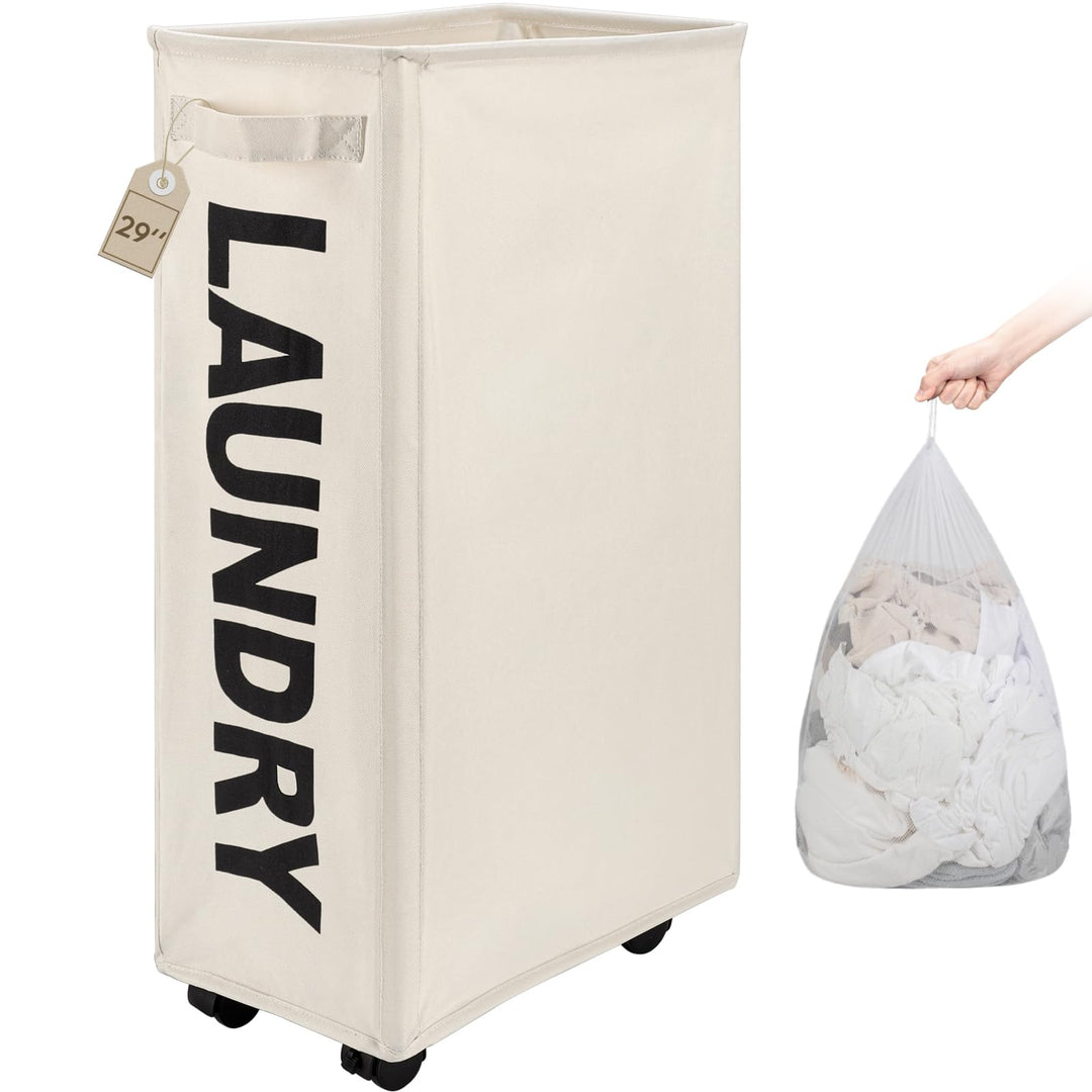 27 Large Slim Rolling Laundry Basket on Wheels with Removable Bag, Foldable Laundry Hamper with Handle, Collapsible Laundry Sorter and Organizer, Tall Storage Basket Bin (Blue)