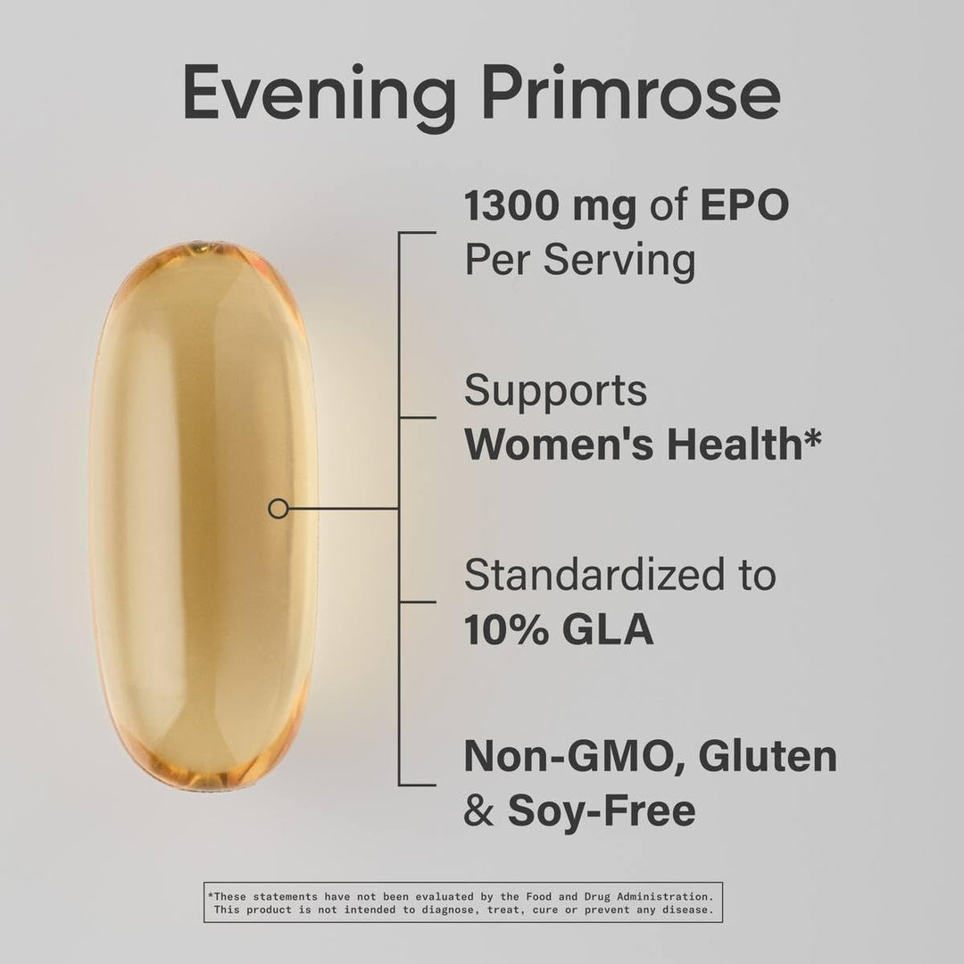 Evening Primrose Supplement from Cold Pressed Oil - Softgels for Women’s Health &amp; Skin Health - Gluten Free &amp; Non-GMO GLA - High Potency 1300mg, 120 Count