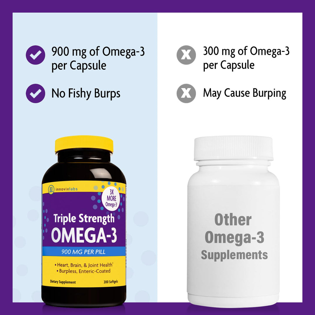 Triple Strength Omega 3 Fish Oil Supplement, 900 mg, Pure EPA DHA Omega 3 Supplement Brain and Joints, Burpless Omega-3 for Women and Men with Enteric Coating, 200 Capsules