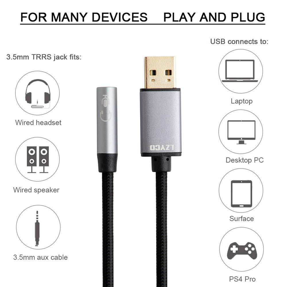 USB-A to 3.5mm Female Headset Adapter,USB to Audio Jack Adapter,Support USB to TRRS 3.5 aux Port Headset for Headphone, Mac, PS4, PC, Laptop, Desktops and More(4ft ,Grey