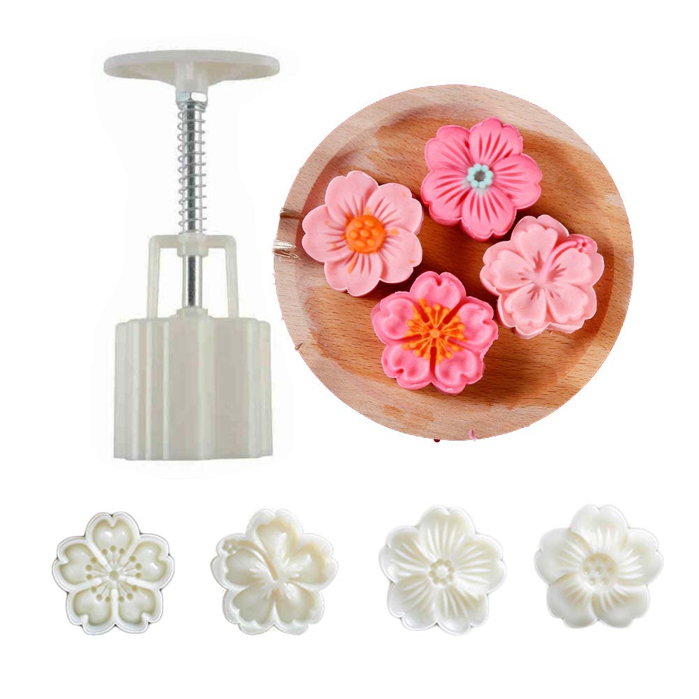 Moon Cake Mold Set 4pcs 50g Cookie Stamps, Cherry Blossom Floral Mid Autumn Festival DIY Hand Press Cookie Dessert Cutter Pastry Decoration Flower Impressions Tool Mooncake Maker (50g)