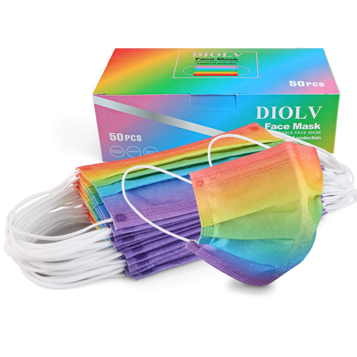 DIOLV 50Pcs Rainbow Printed Disposable Face Masks for A