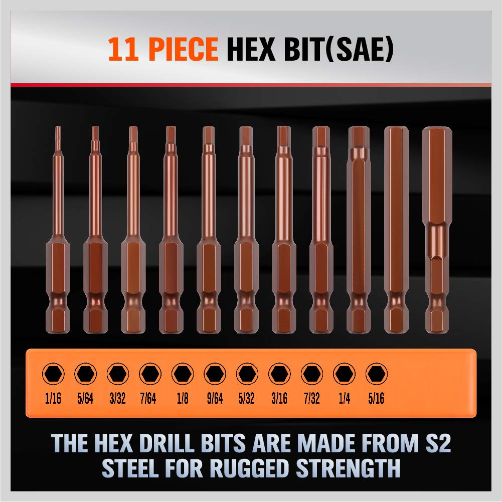 23-Piece Hex Head Allen Wrench Drill Bit Set, S2 Steel, Metric &amp; SAE Hex Bit Set, 2.3 Long