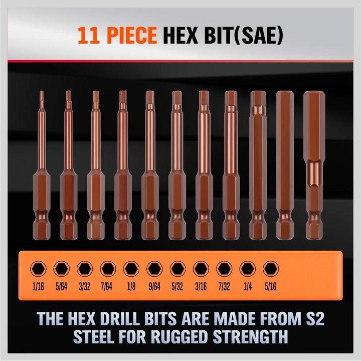 23-Piece Hex Head Allen Wrench Drill Bit Set, S2 Steel, Metric &amp; SAE Hex Bit Set, 2.3 Long