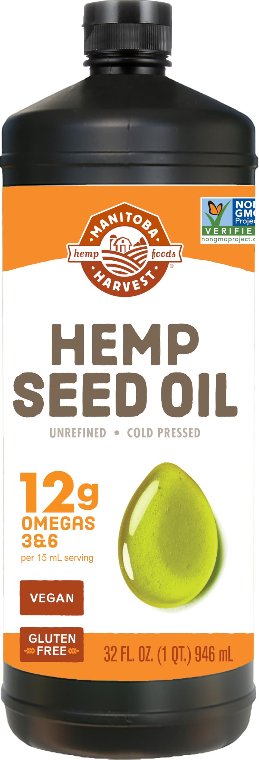Hemp Seed Oil, Cold Pressed, Premium Quality, 12g of Omegas 3 &amp; 6 Per Serving, Hydrate &amp; Nourish Skin - Non GMO, Vegan, Gluten Free, Great for cooking, salad dressings, 32 Fl Oz