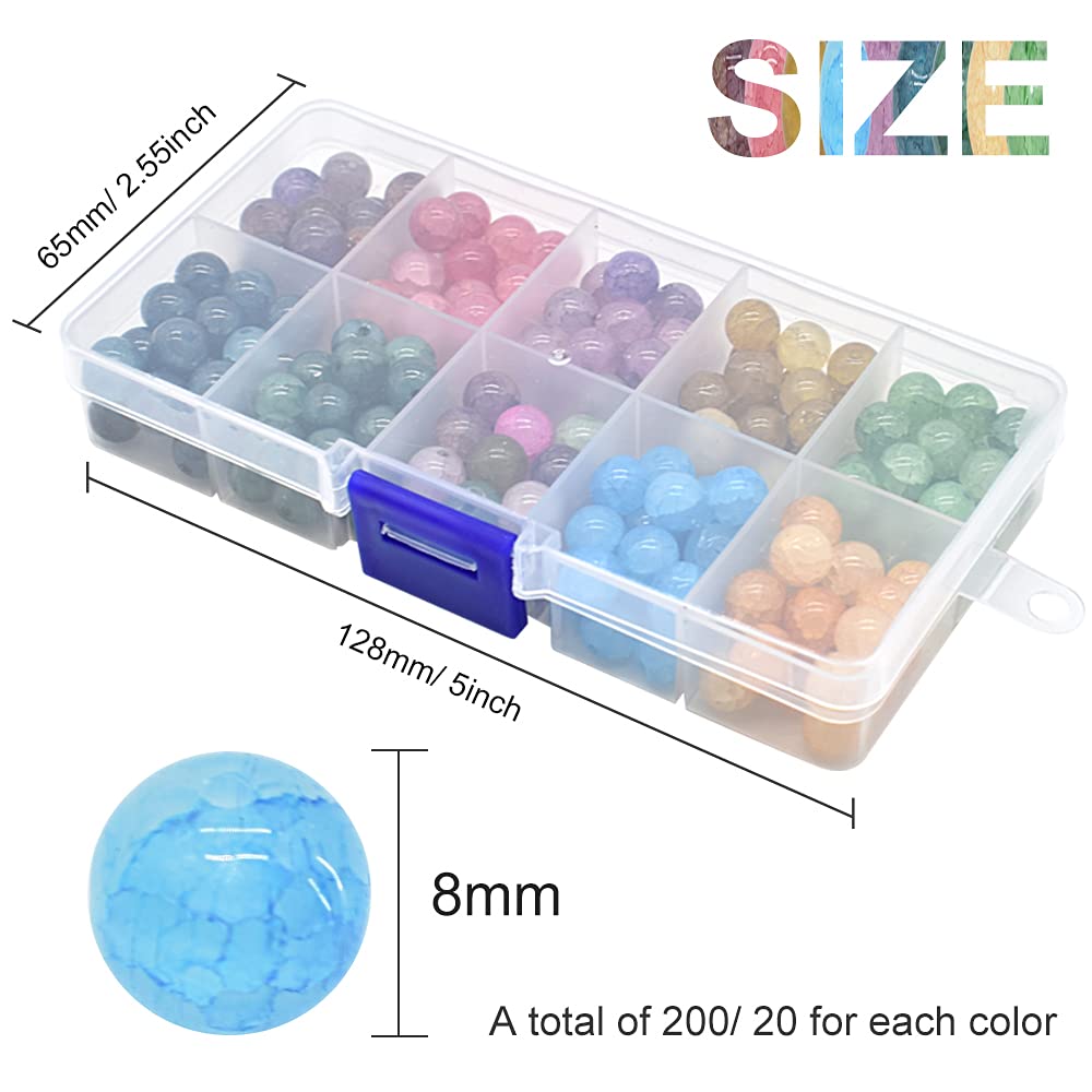 8mm Crackle Beads 9 Color 200 Pcs Round Imitation Jade Crackle Glass Beads for Summer Beading Bracelet Bracelet Necklace Earrings Jewelry Making