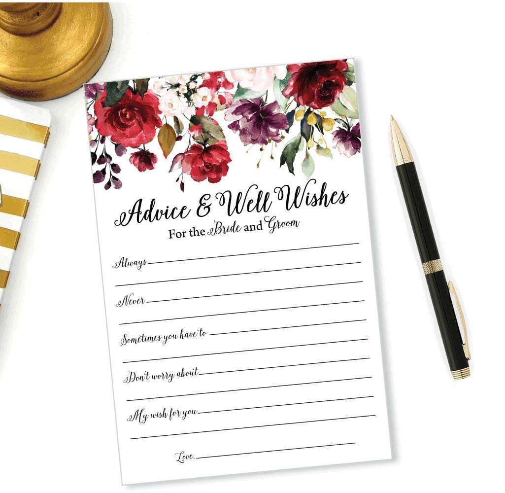 50 Burgundy Watercolor Floral Wishes for The Bride and Groom - (50-Cards) Wedding Advice and Well Wishes Guest Book Alternative Rustic Vintage