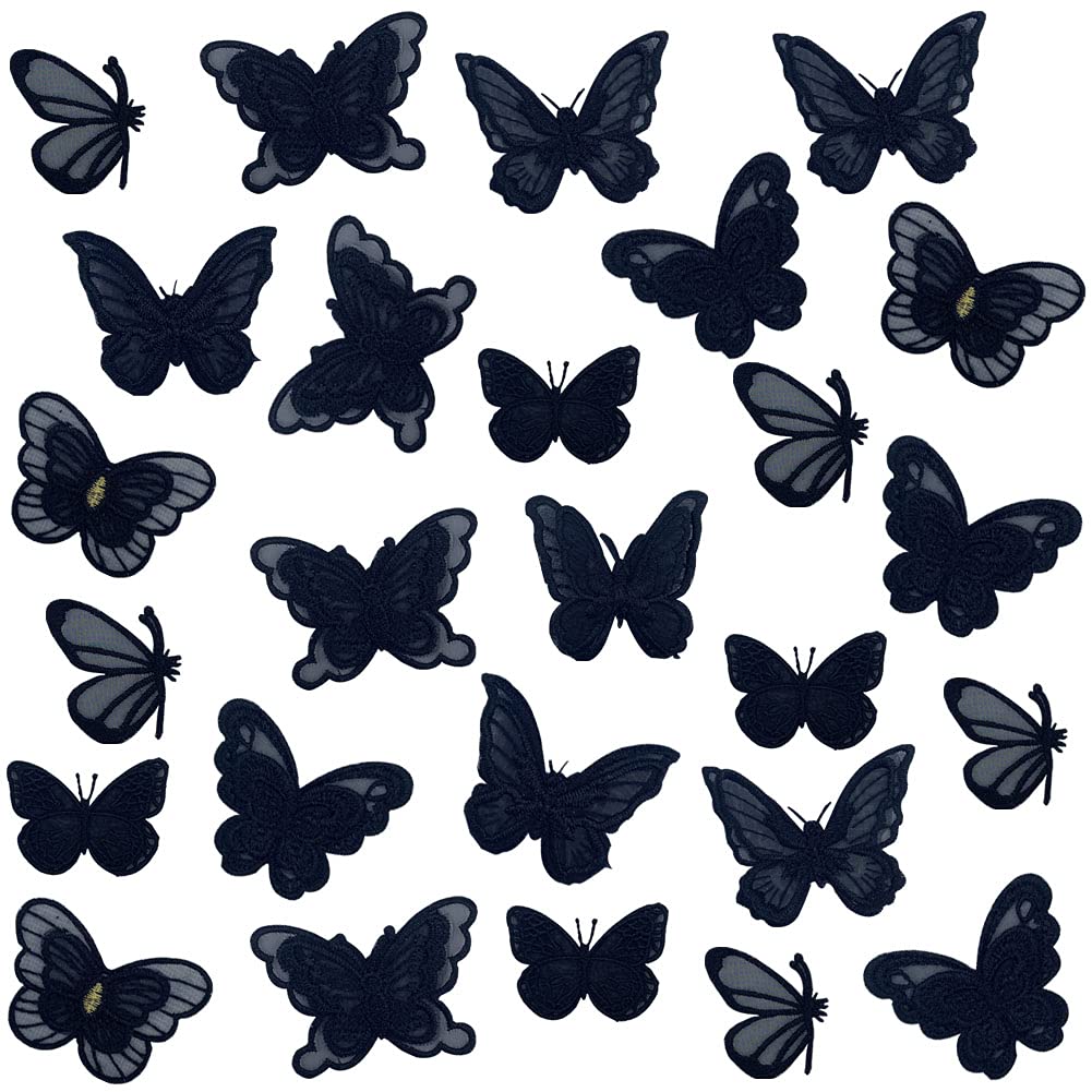 30 PCS Double Layers Lace Butterfly Applique Embroidery Butterfly Sew Iron On Patch, Organza Patches Butterfly Applique for Wedding Bridal Dress Sewing Craft DIY Clothes Hair Ornaments etc (Black)