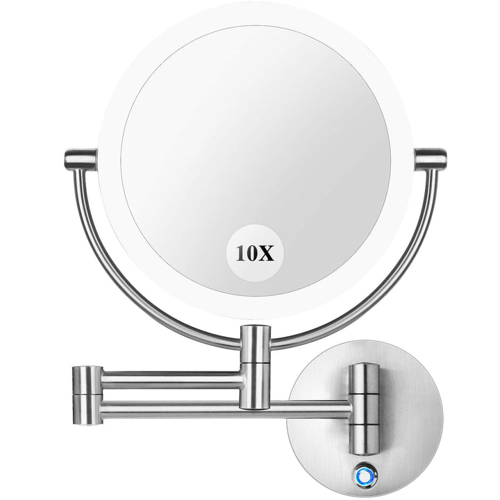 AmnoAmno Vanity Mirror 8.5 LED Double Sided Swivel Wall Mount Makeup Mirror with 10x Magnification,13.7 Extension,Touch Button Adjustable Light,Suitable for Bedroom or Bathroom