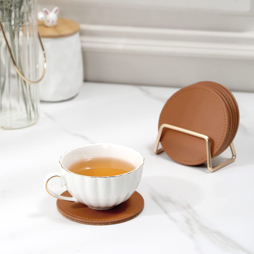 Drink Coasters with Metal Holder Stand Set of 6, PU Leather Absorbent Coasters with Cork Base Table Coaster Set Decorative Coffee Cup Coasters Housewarming Gift for Home Decor