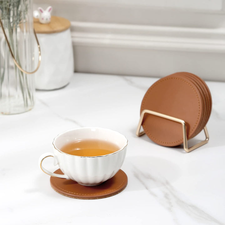 Drink Coasters with Metal Holder Stand Set of 6, PU Leather Absorbent Coasters with Cork Base Table Coaster Set Decorative Coffee Cup Coasters Housewarming Gift for Home Decor