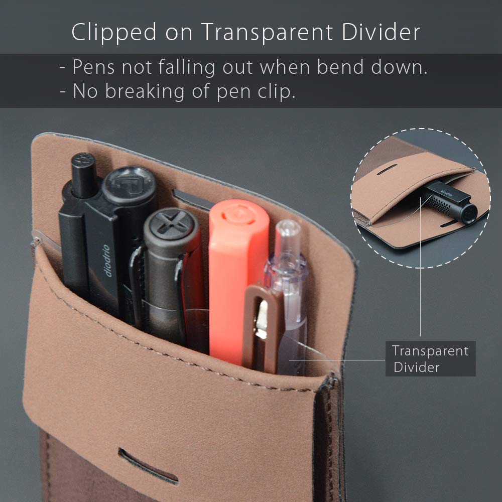 Pocket Protector, Leather Pen Pouch Holder Organizer, for Shirts Lab Coats, Hold 5 Pens, Designed to Keep Pens Inside When Bend Down. No Breaking of Pen Clip. Thick PU Leather, 2 Per Pack.