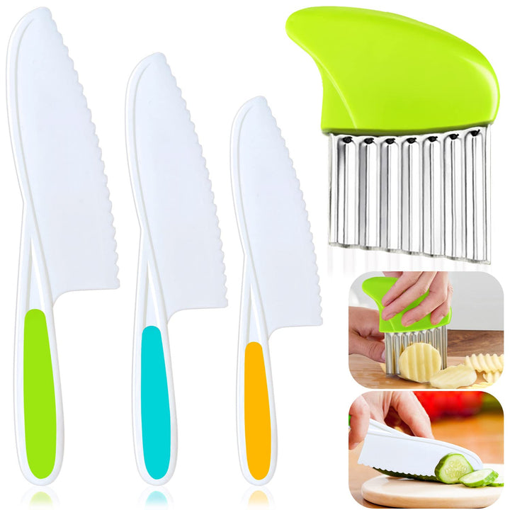 4 Pcs Kids Knife Set, Nylon Kitchen Knife with Crinkle Cutter, Serrated Edges Plastic Toddler Chef Knife for Real Cooking &amp; Cutting Fruit Bread