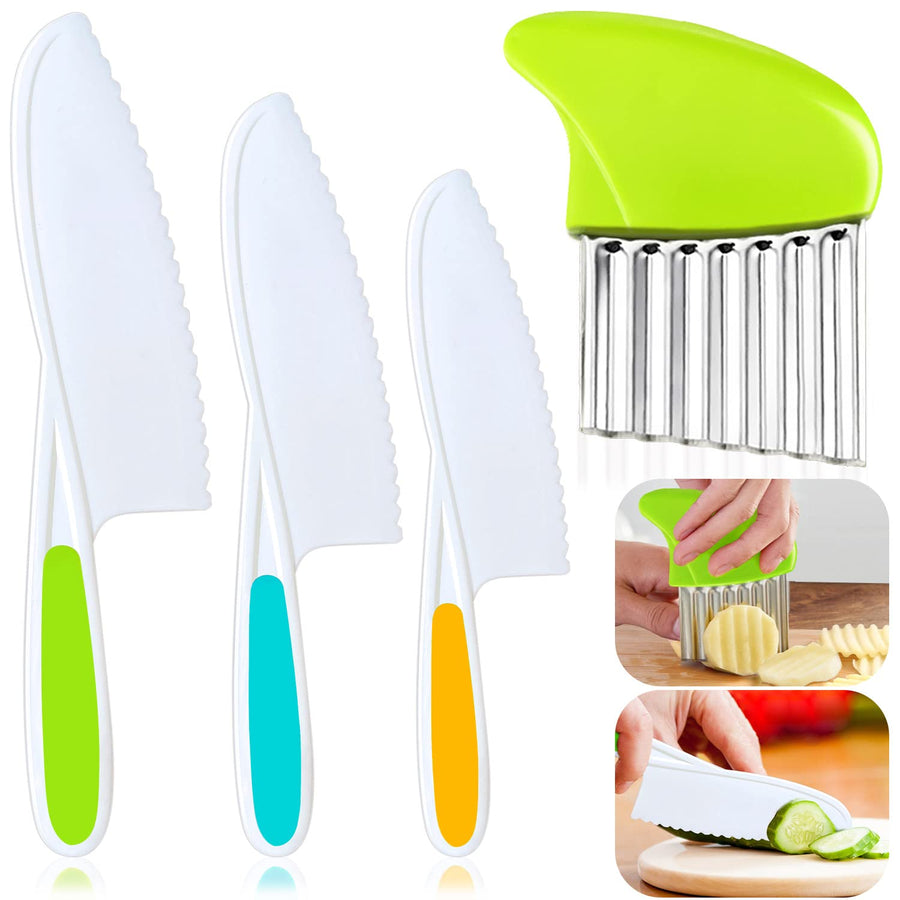 4 Pcs Kids Knife Set, Nylon Kitchen Knife with Crinkle Cutter, Serrated Edges Plastic Toddler Chef Knife for Real Cooking & Cutting Fruit Bread