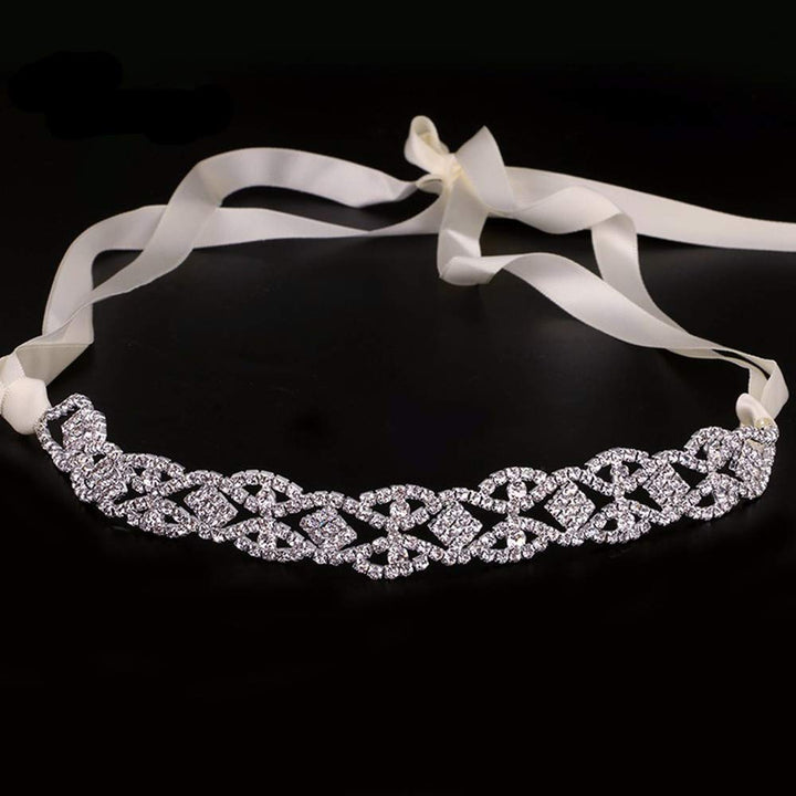 Handmade Hair Piece Bridal Ribbon Headband Crystal Vine Headwear Rhinestone Wedding Hair Accessories for Brides (S683-Silver)