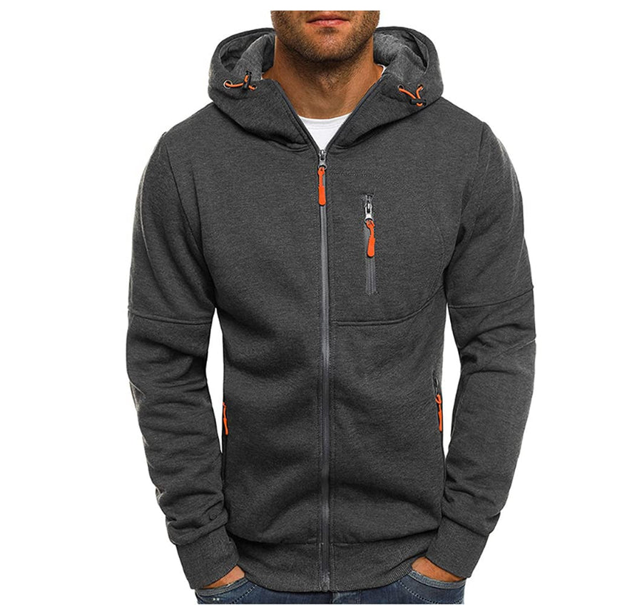 Men's Sports Casual Full Zipper Long-Sleeved Hooded Sweater with Pockets Jogging Track and Filed Gym Training Hoodie Dark Grey