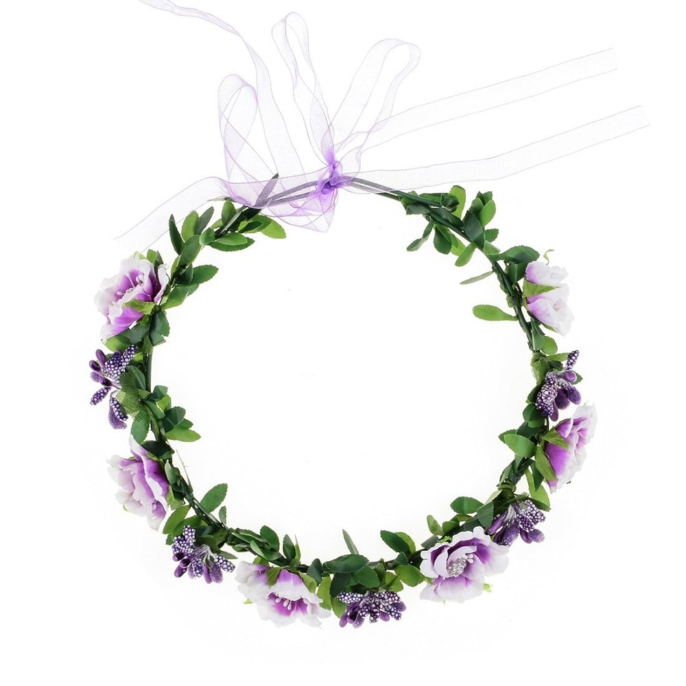 Wedding Hair Wreath Floral Garland Crown Headpiece Adjustable Rose Flower Crown (A-purple)