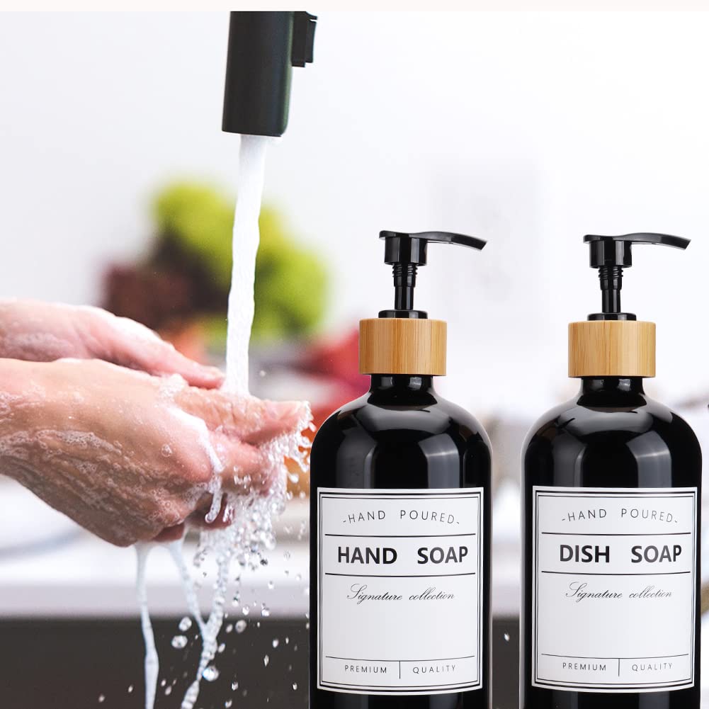 Black Glass Soap Dispenser with Pump 16oz Bottle Set of 2 and Bamboo Tray | Vintage Soap Dispenser with Waterproof Labels Bathroom and Kitchen Set
