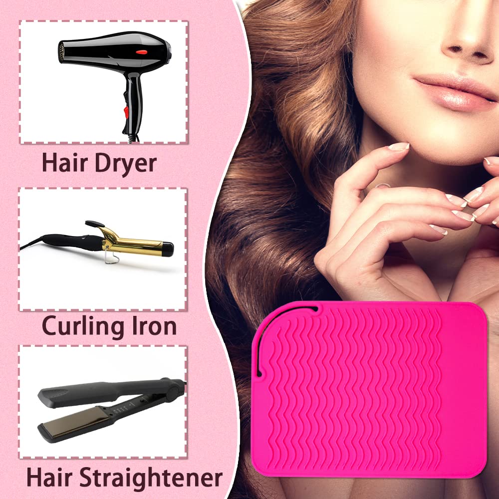 2 Pack Silicone Heat Resistant Travel Mat, Non Slip Curling &amp; Flat Iron Mat Pad, Portable Styling Heat Mat for Hot Hair Tools, Straightener, Salon Appliances, 9x6.5 (Gray, Rose red)