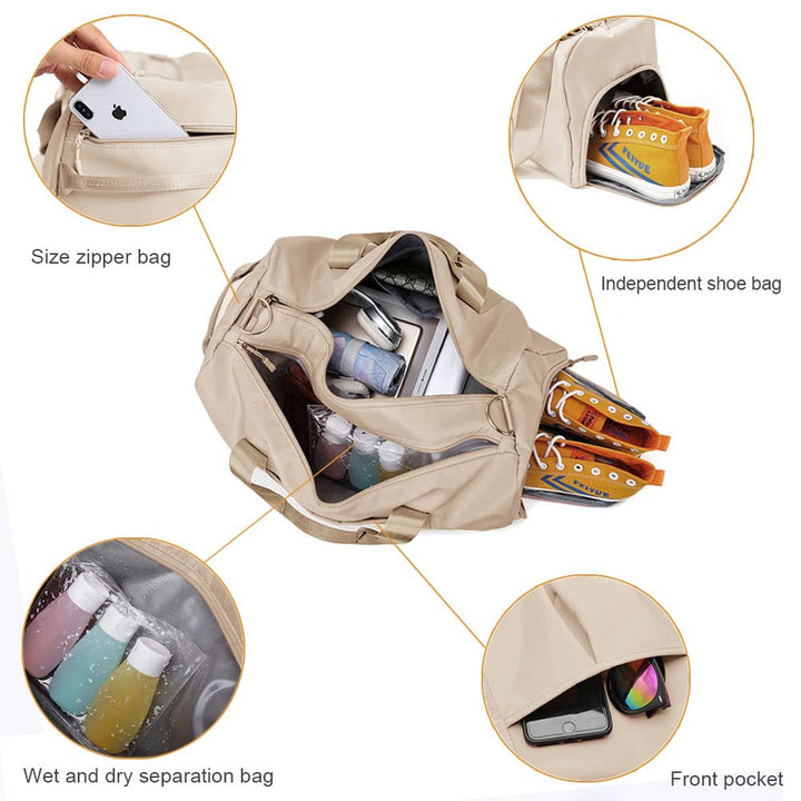 Small Gym Bag for Women and Men, Workout Bag for Sports and Weekend Getaway, Waterproof Dufflebag with Shoe and Wet Clothes Compartments (Beige)