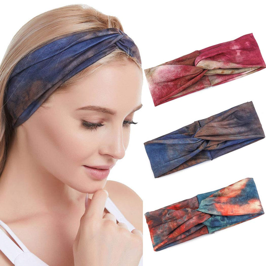Boho Knot Headband Bule Criss Cross Turban Tie Dye Print Pattern Head Wrap Elastic Twisted Hairbands Yoga Sport Head Scarf Headwear for Women and Girls (Pack of 3)