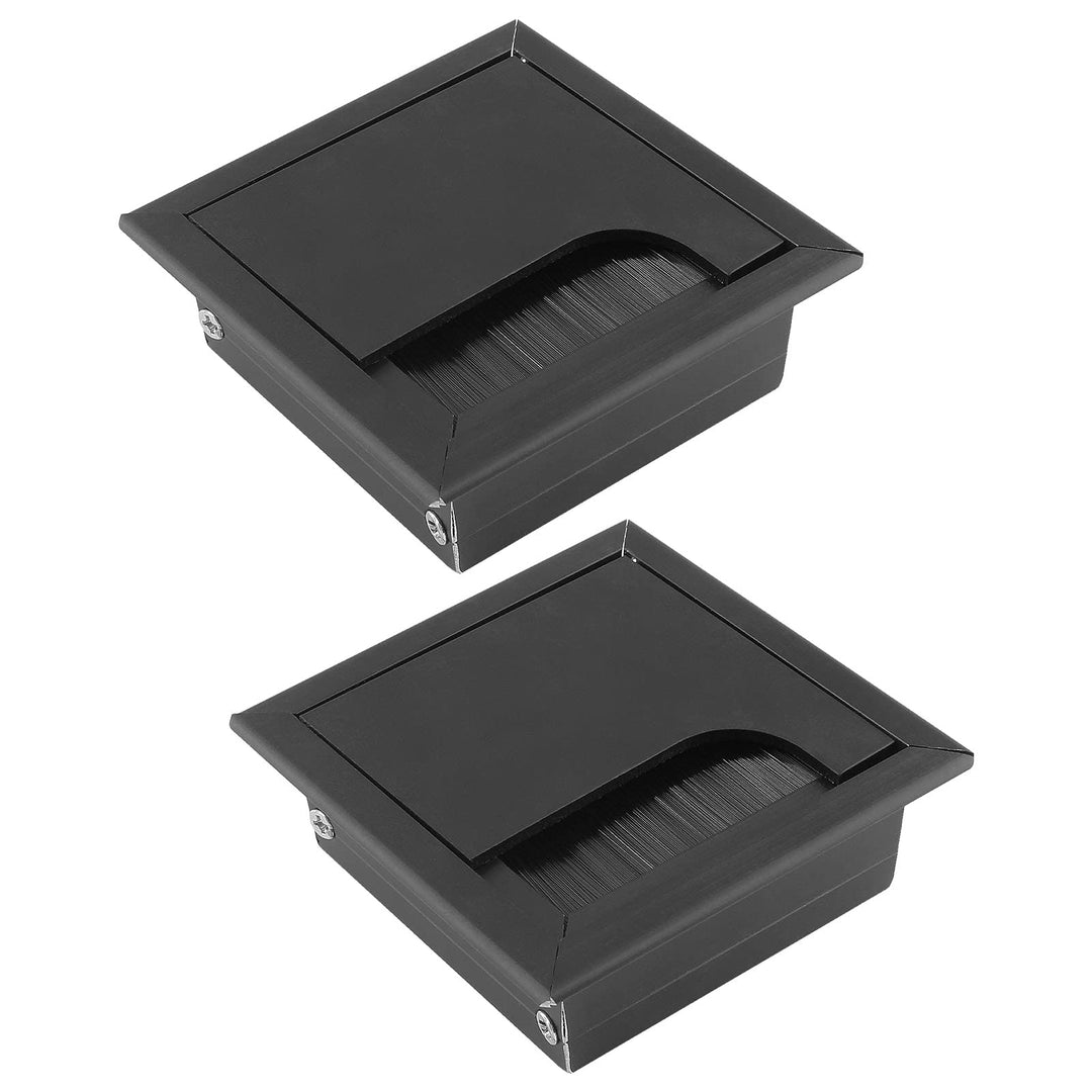 2Pcs Square Brush Desk Cord Grommet 3 Inch 80mm x 80mm Dust-Proof Metal Desk Cable Hole Cover for Computer Desk, Office Desk, Black