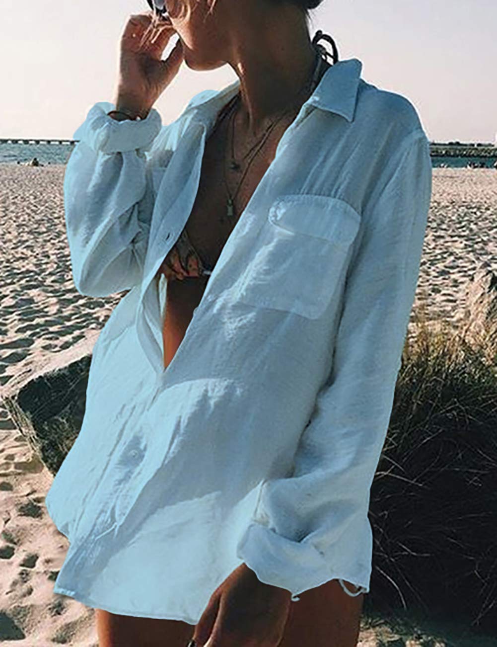 Long Sleeve Beach Shirt Blouses Women Turn Down Collar Bikini Bathing Suit Cover Ups Swimwear Light Blue