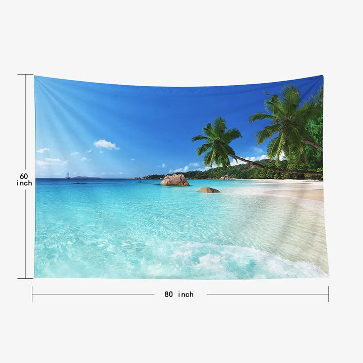 Beach Palm Tropic Tree Tapestry Ocean Sea Island Landscape Tapestry Sun Water Blue Sky Paradise Tapestry Coconut Summer Tropical Wall Hanging 80X60 Inch for Living Room Bedroom Décor