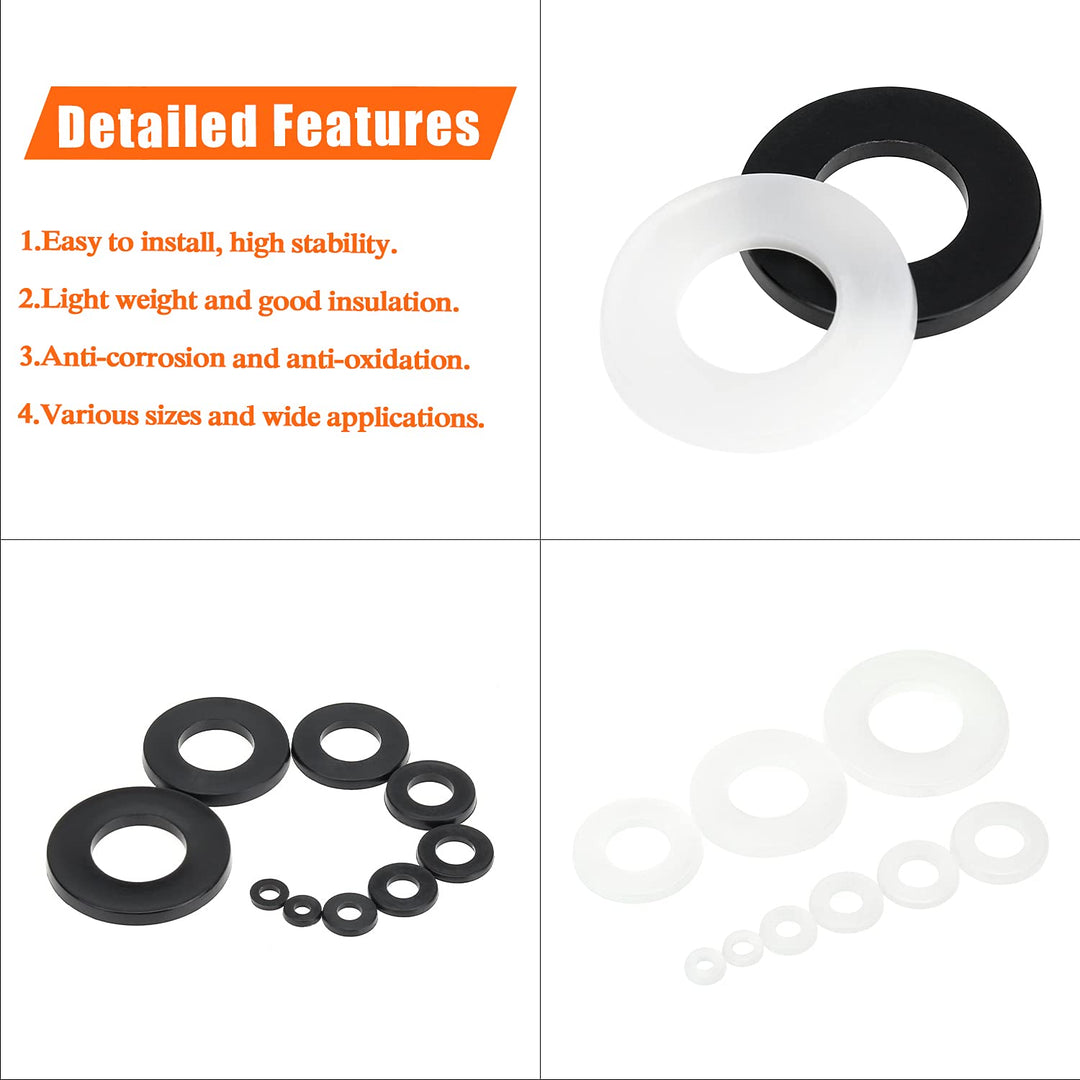 1000 Pieces 9 Sizes White/Black Nylon Flat Washers Assortment Kit - M2 M2.5 M3 M4 M5 M6 M8 M10 M12