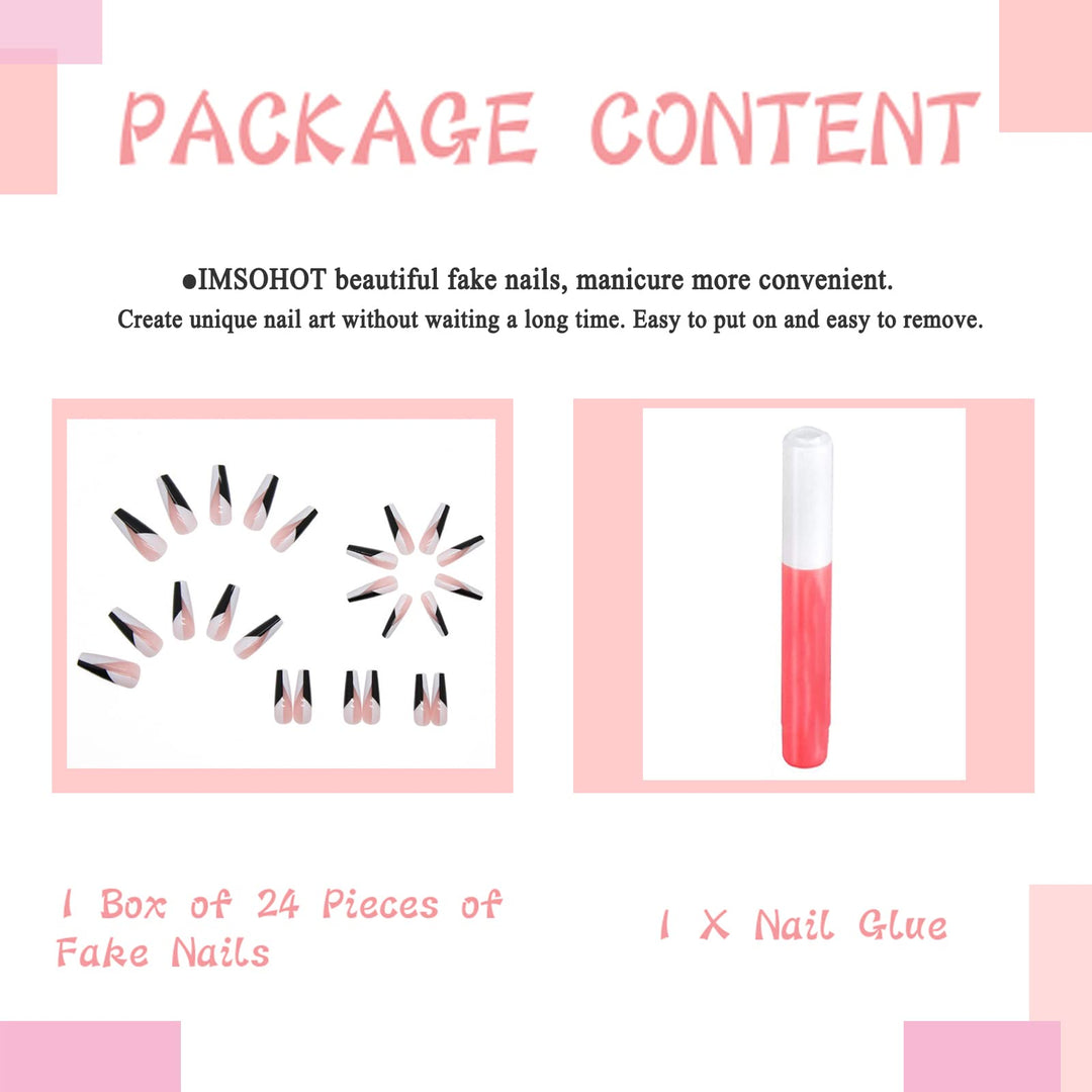 24Pcs Coffin Press on Nails Long Glossy Ballerina False Nails with Designs Black White Fake Nails Acrylic Nails Glue on Nails for Women and Girls