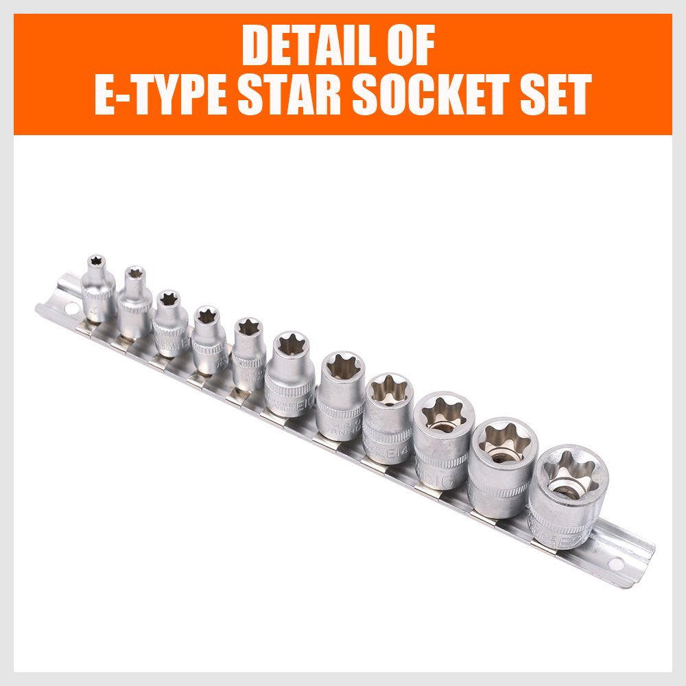 11 Pc Female E Torx Star Socket Set/Rail, Female External Star Socket Set E4 - E20 Torque Socket Set